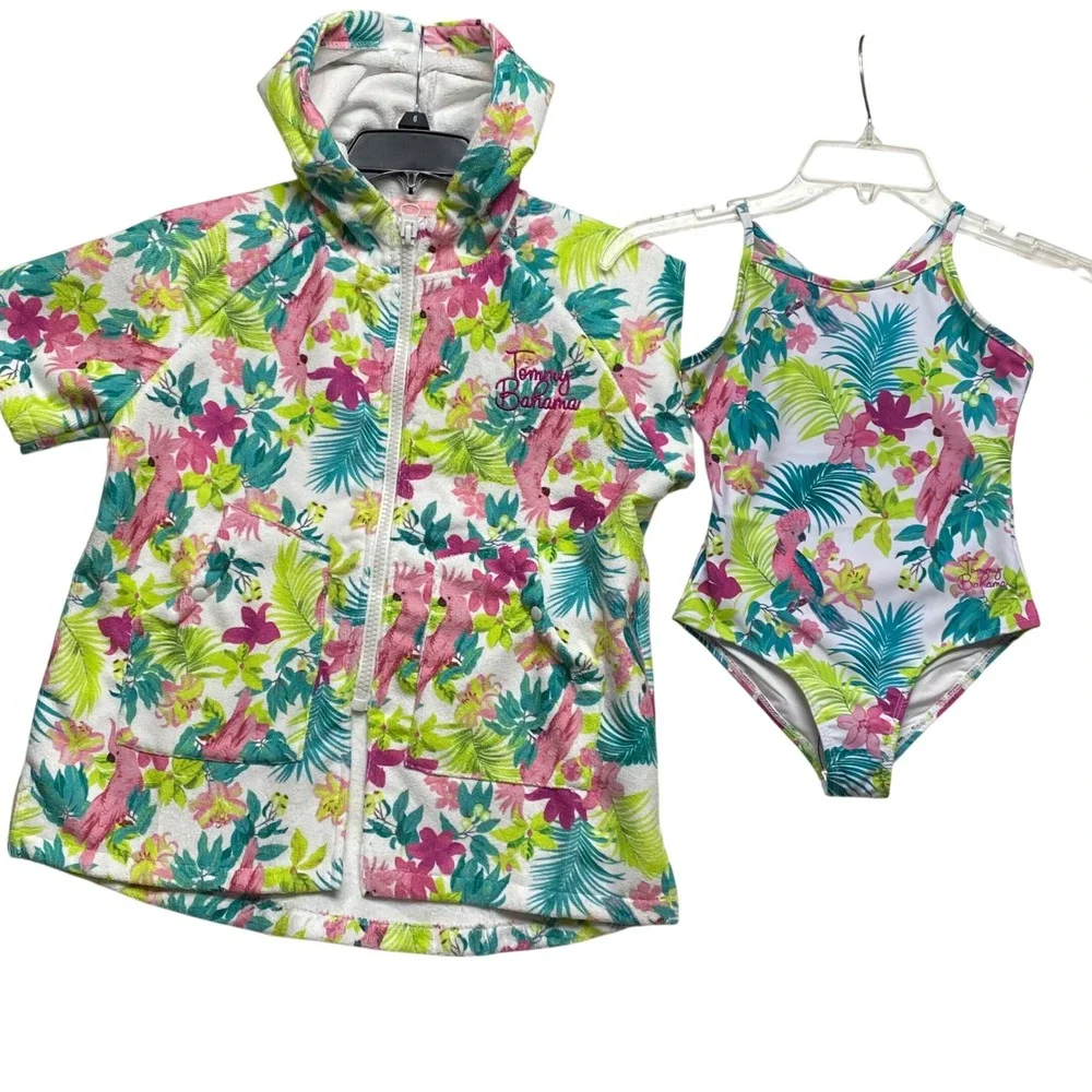 Tommy Bahama Girls Tropical Parrot Floral 1 Piece Swimsuit &Cover Up Set 4/5 NWT